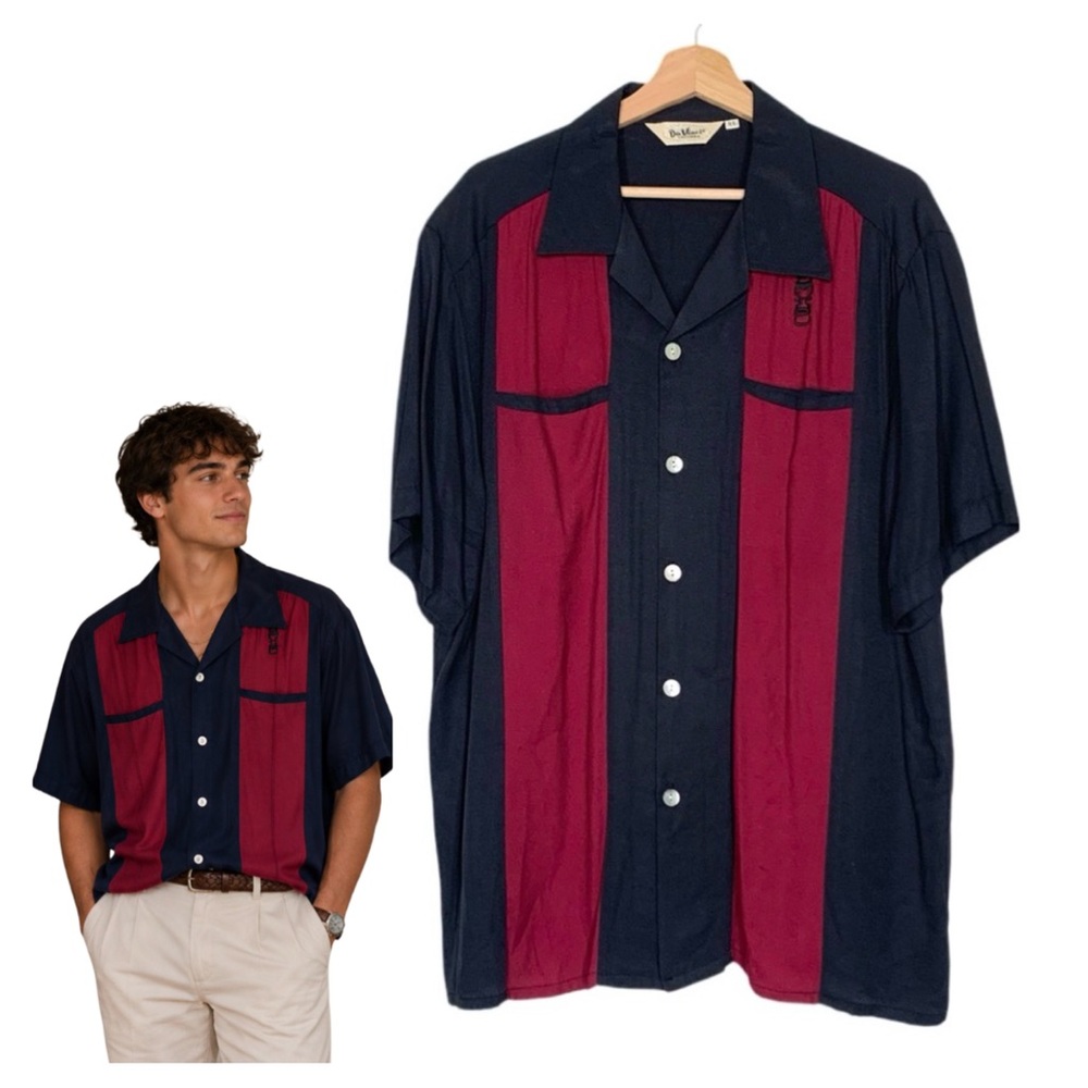 Da Vinci California Camp Shirt Retro Style Size XL Short-Sleeved Black Red
